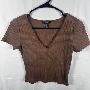 Forever 21 Brown Ribbed Knit V-Neck Short Sleeve Crop Top